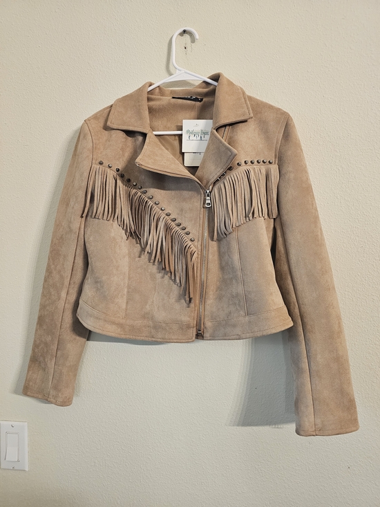 blue b Jackets & Blazers - Fringed Suede Moto Jacket - Beige